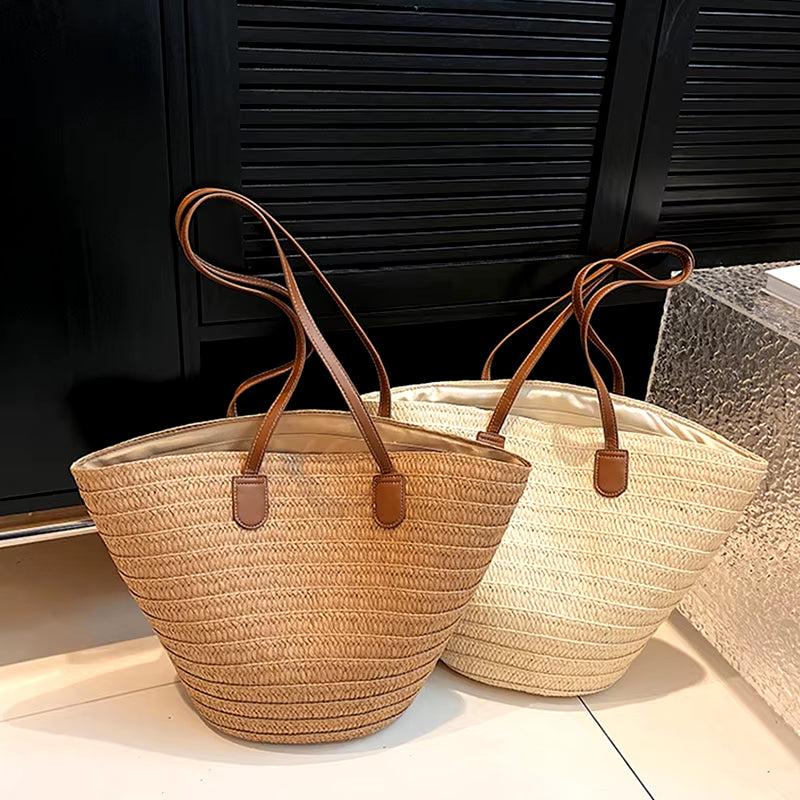 Women'S Large Capacity Shoulder Bag Summer Straw Woven Basket Handbag Fashion Female Luxury Designer Beach Bag Bali Shopper Tote