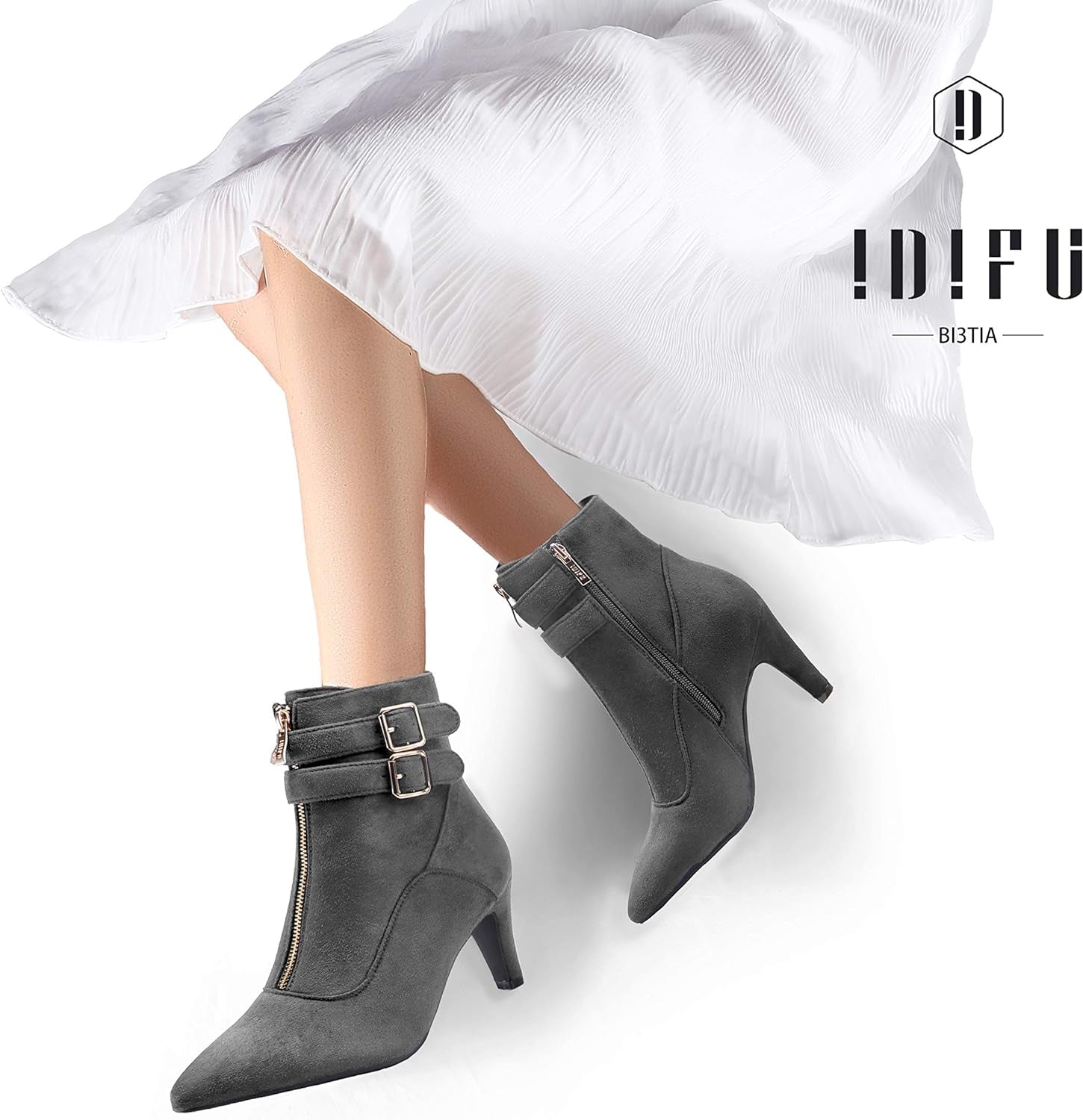 Women'S Buckle Strap Ankle Booties 3 Inch Pointed Toe Zipper Heels Dress Jeans Boots