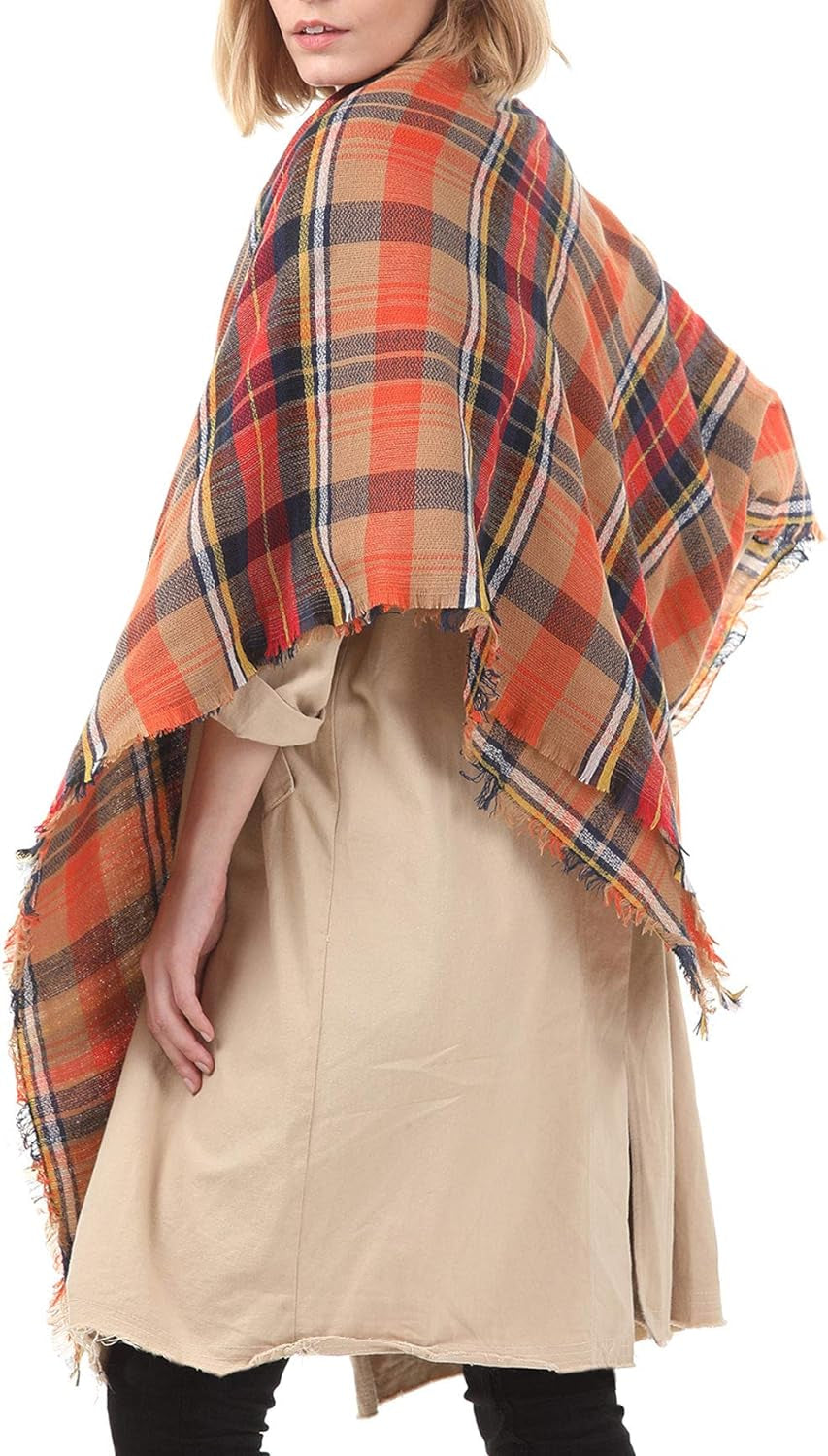 Trendy Women'S Cozy Warm Winter Fall Blanket Scarf Stylish Soft Chunky Checked Giant Scarves Shawl Cape