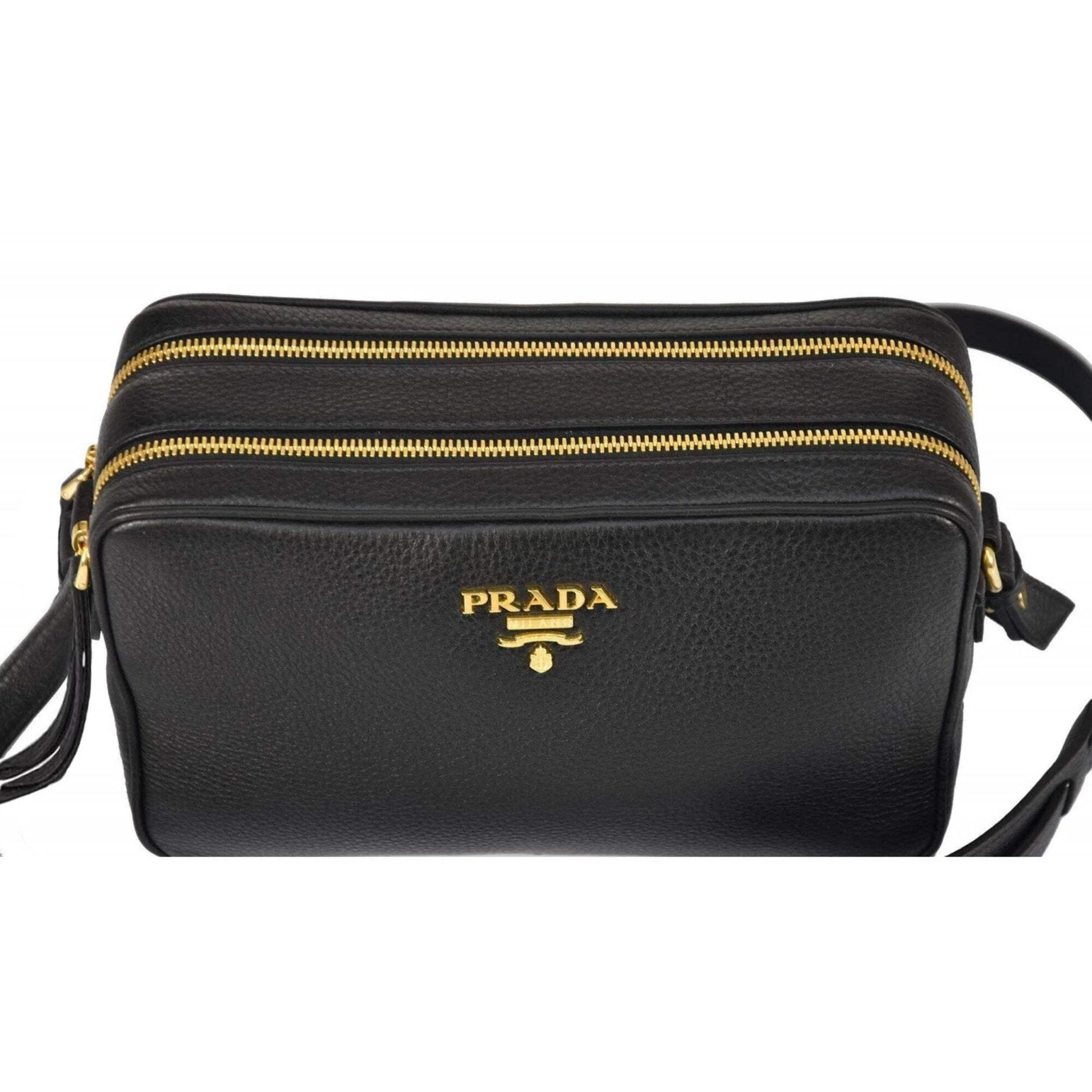 New  Black Vitello Phenix Leather Double Zip Cross Body Bag 1BH079